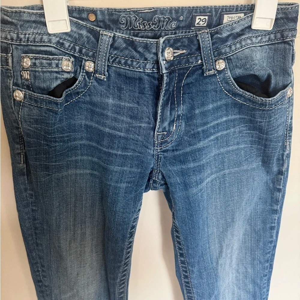 Y2K Women’s Size 29 Miss Me Bedazzled Biker Boot Cut Style JP6073B Vintage Wash - Picture 4 of 8